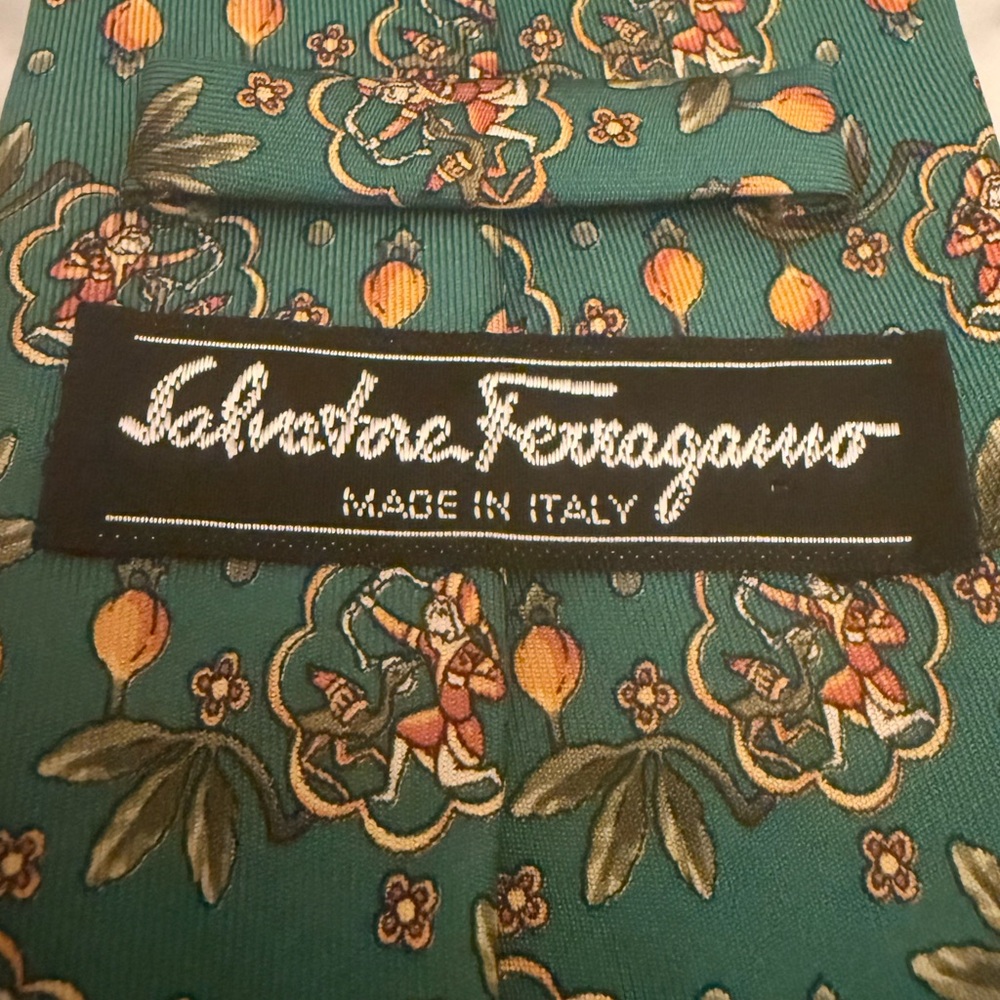 Vintage Salvatore Ferragamo Green and Red Patterned Silk Tie EXCELLENT Condition